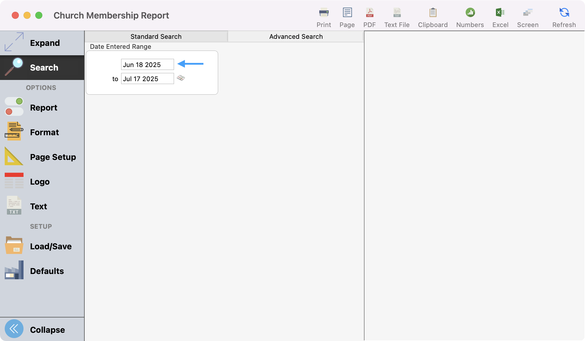 Church Membership Report window with an arrow pointing to the first date.