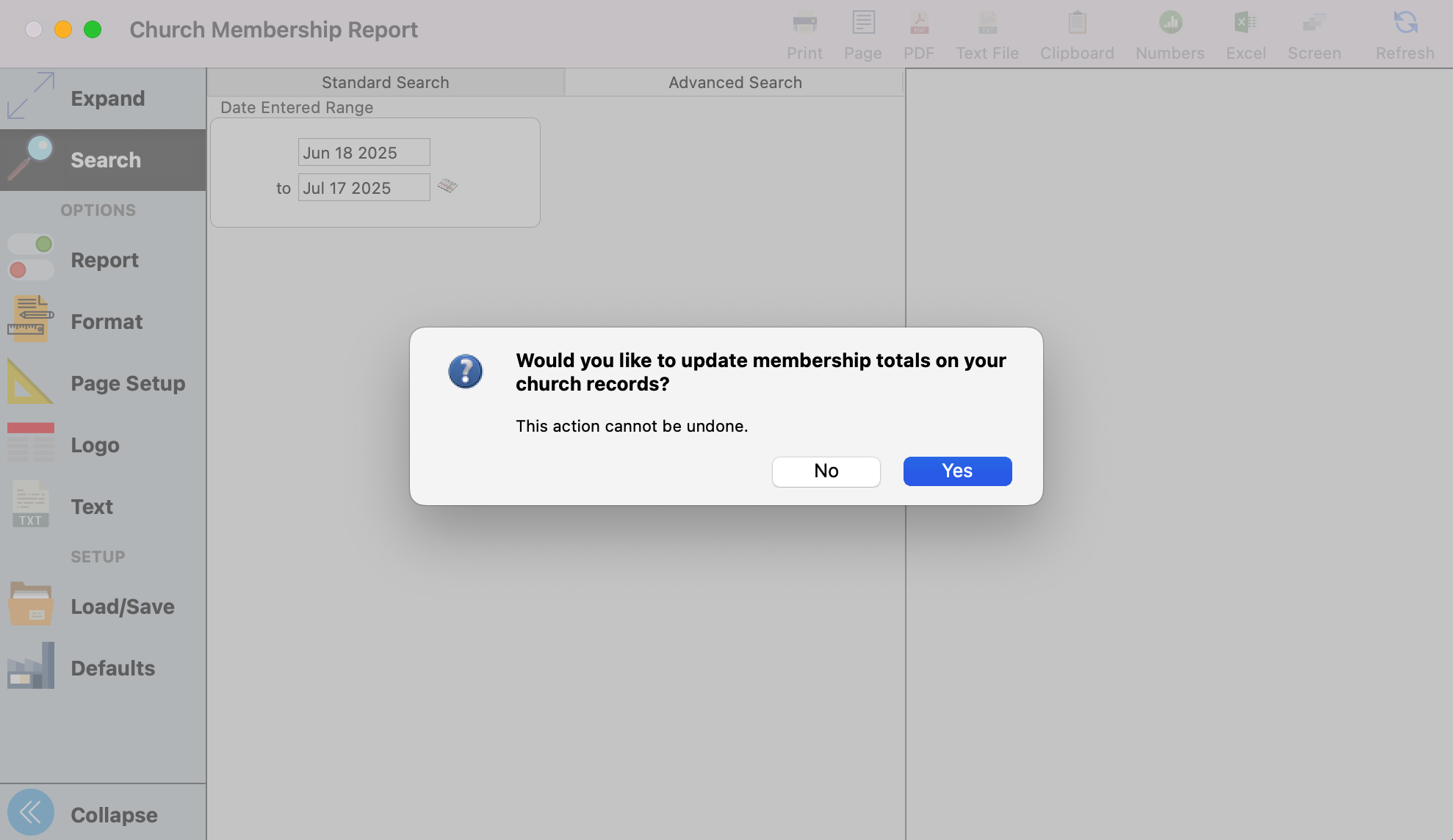 Church Membership Report window with the pop-up asking if you would like to update membership totals on your church records. 