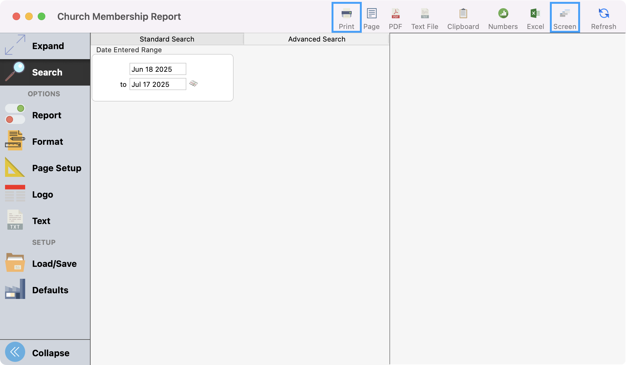 Church Membership Report window with print and screen highlighted.