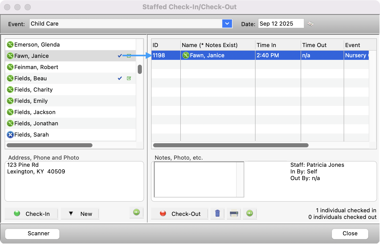 Staffed Check-In Check-Out window with an arrow pointing to an individual in the right-side list.