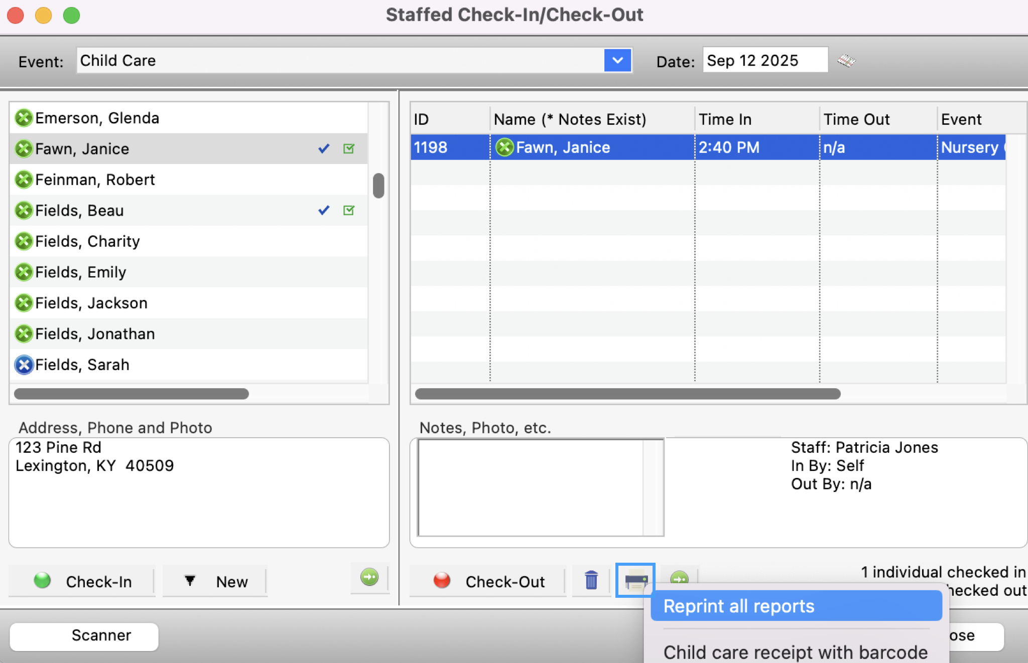 Staffed Check-In Check-Out window with the print icon highlighted. 