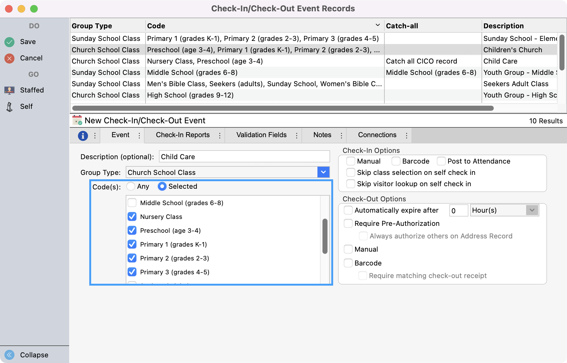 Check-In Check-Out Event Record with the Codes highlighted.
