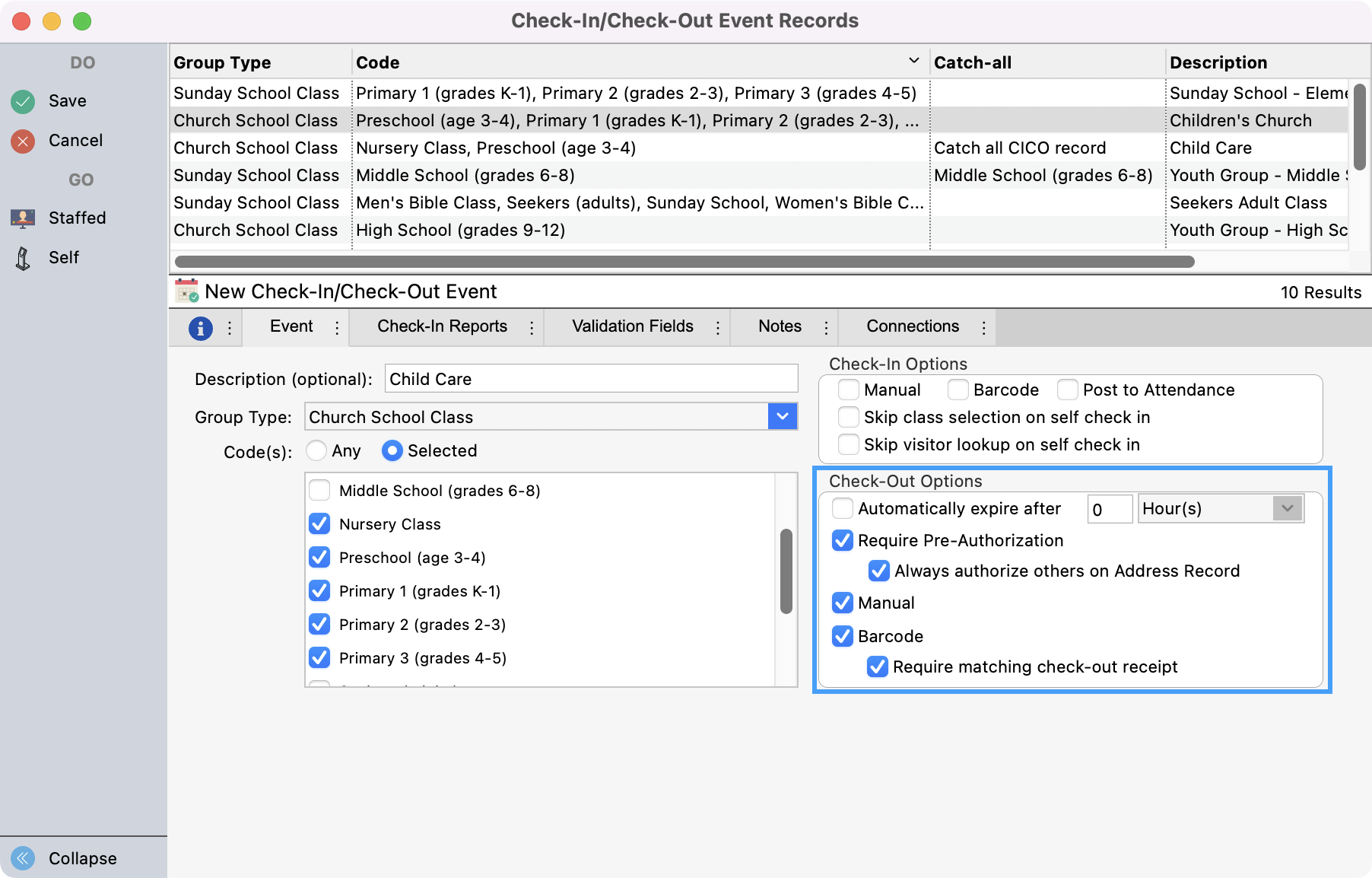 Check-In Check-Out Events Record window with the check-out pane highlighted.