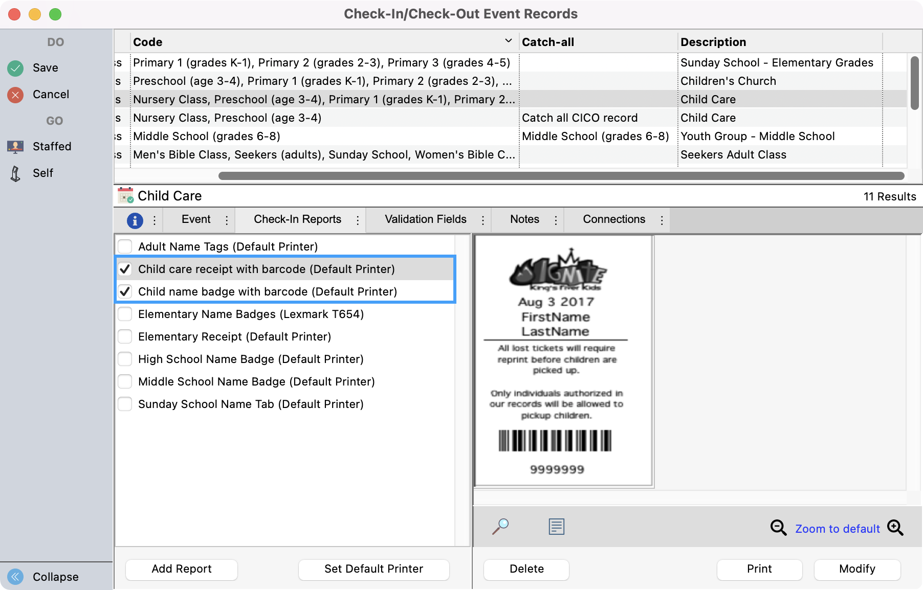 Check-In Check-Out Events Record window under the Check-In Reports tab with two reports checked. 