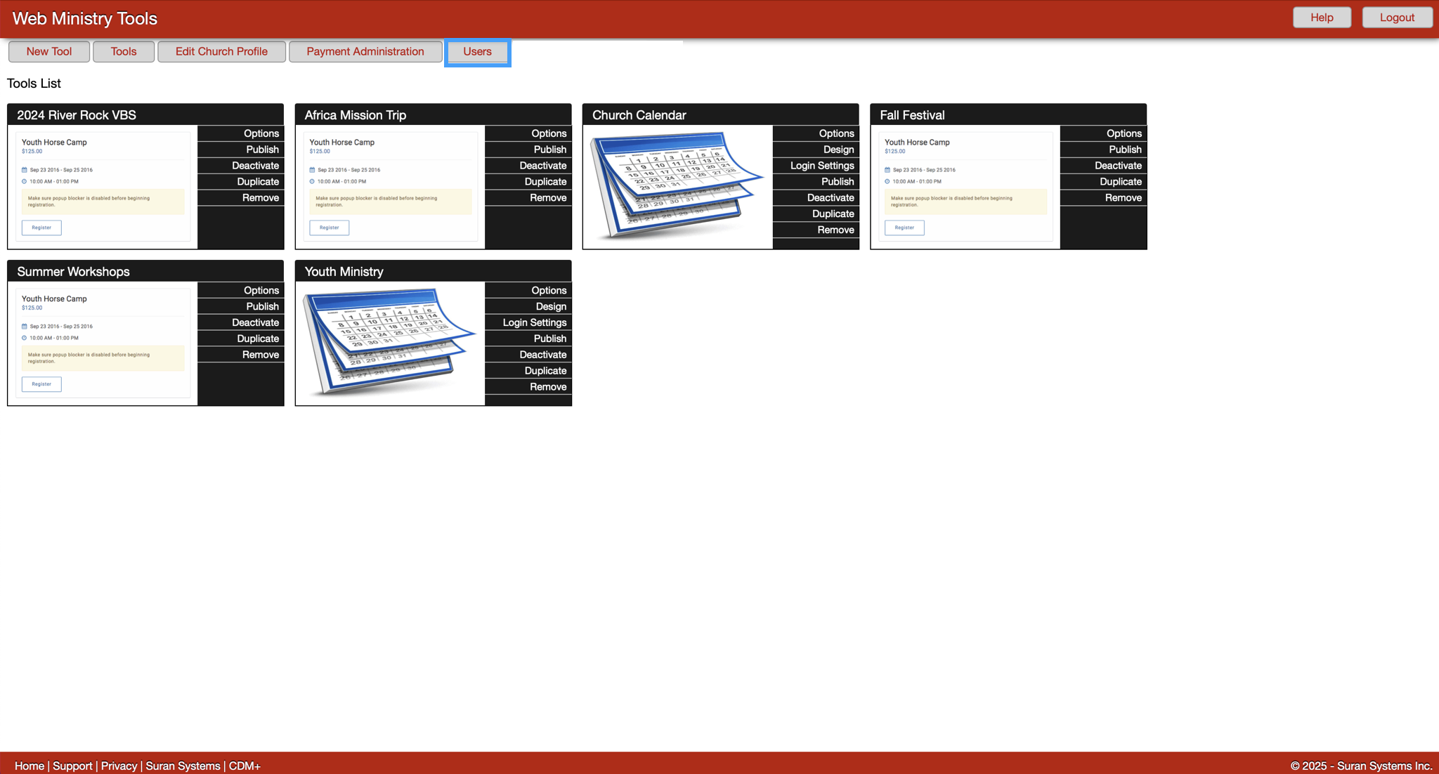 Web Ministry Tools , Tool list page with the Users tab highlighted. 