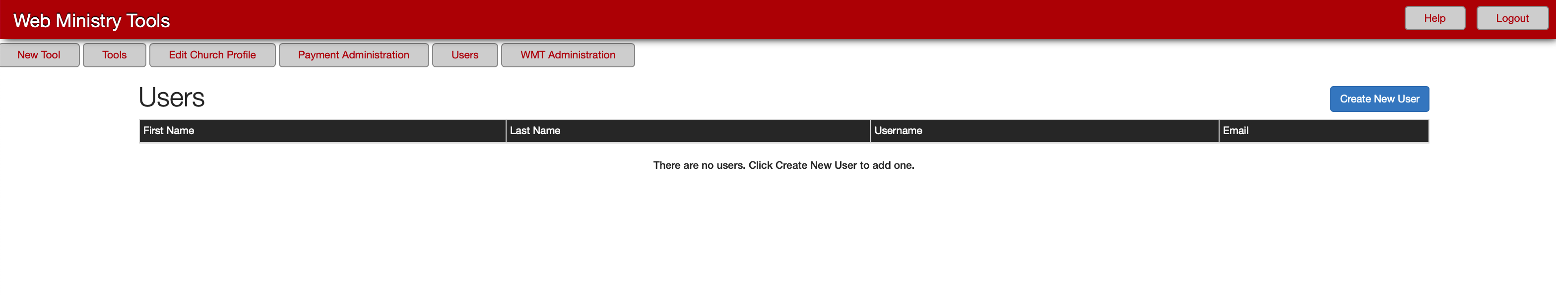 Web Ministry Tools new user page with the blue Create New User button.