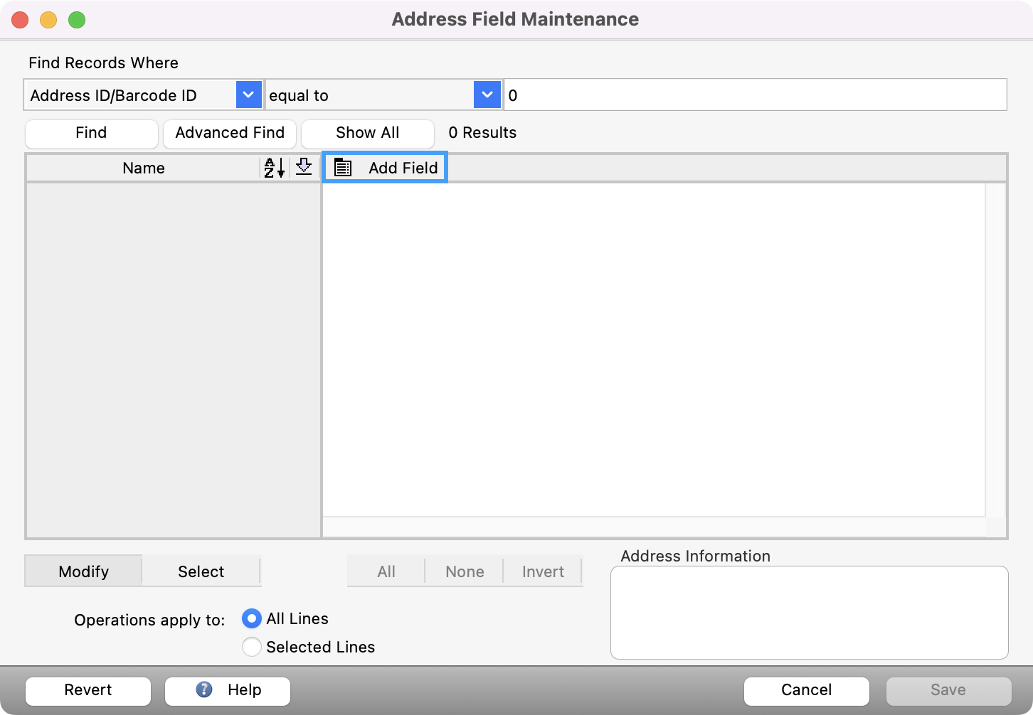 Address Field Maintenance window with the Add Field button highlighted. 