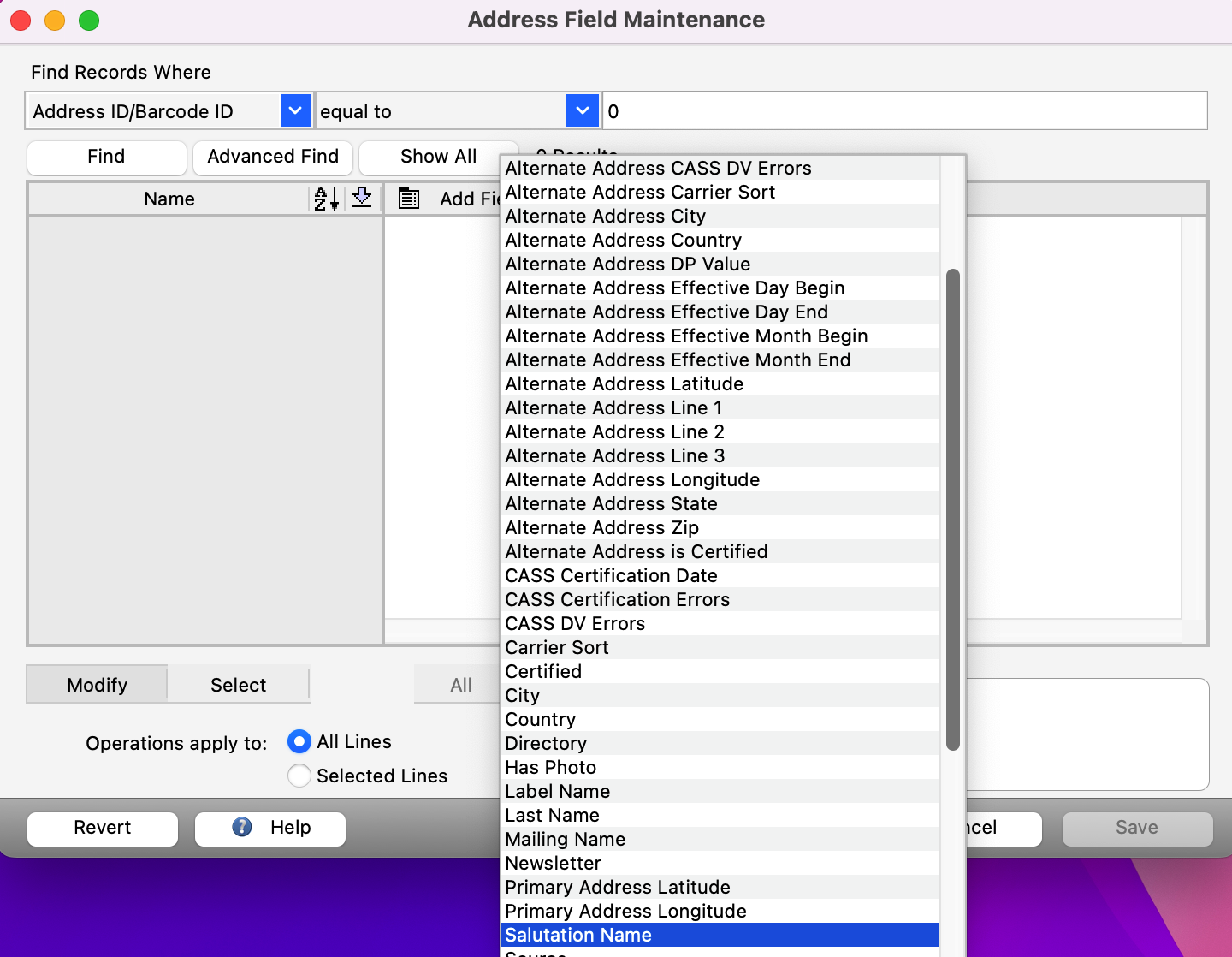Add Field Maintenace window with fields to select that you want to update. 