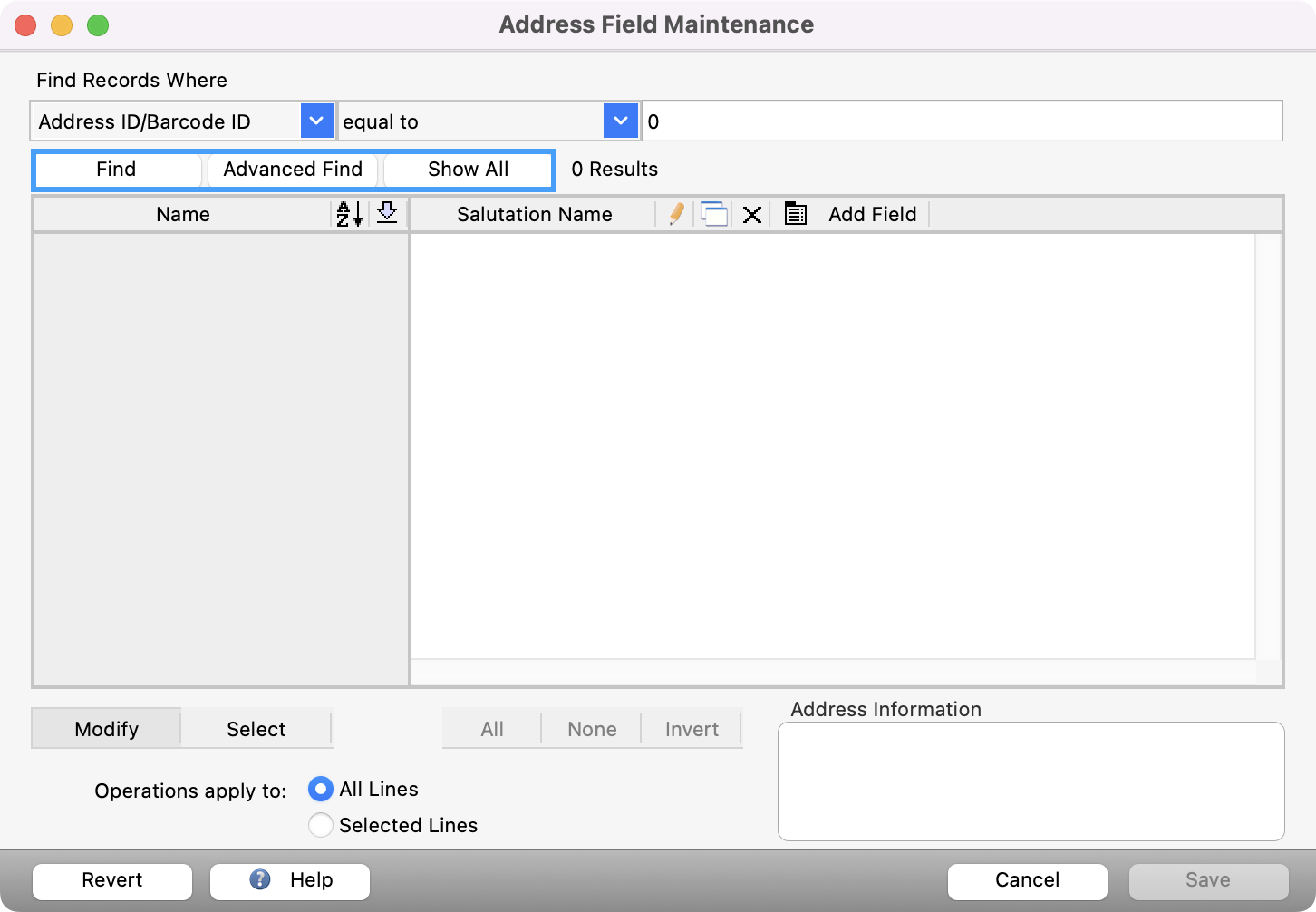 Address Field Maintenance window with the Find, Advanced Find, and Show All buttons highlighted