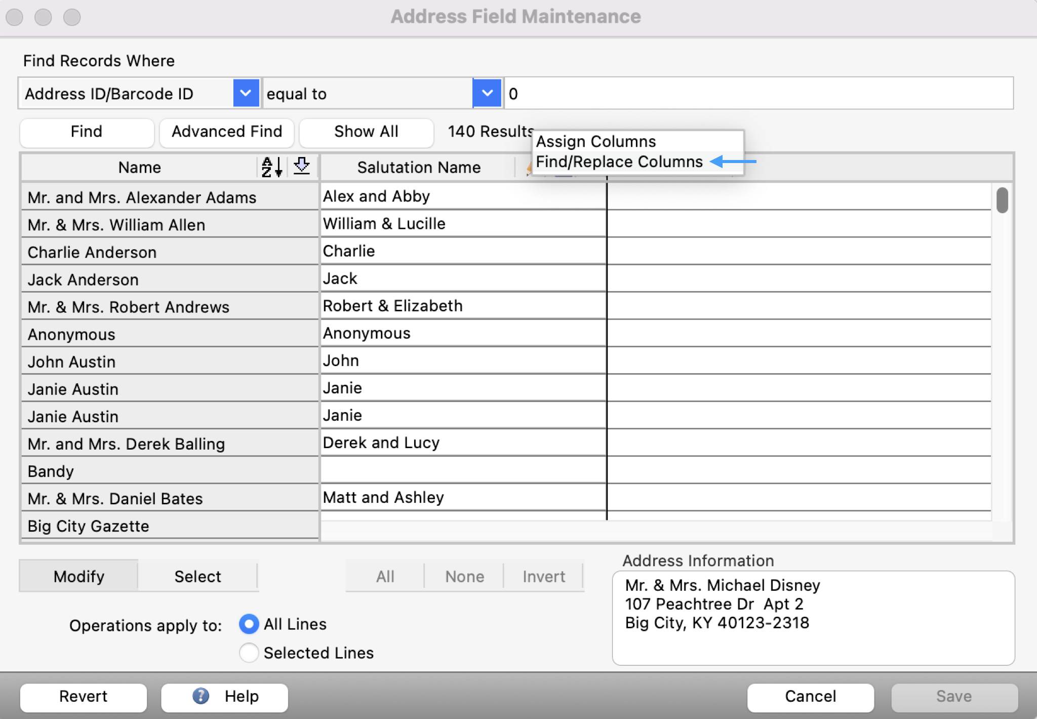 Address Field Maintenance window with an arrow pointing to the Find Replace Column option.  