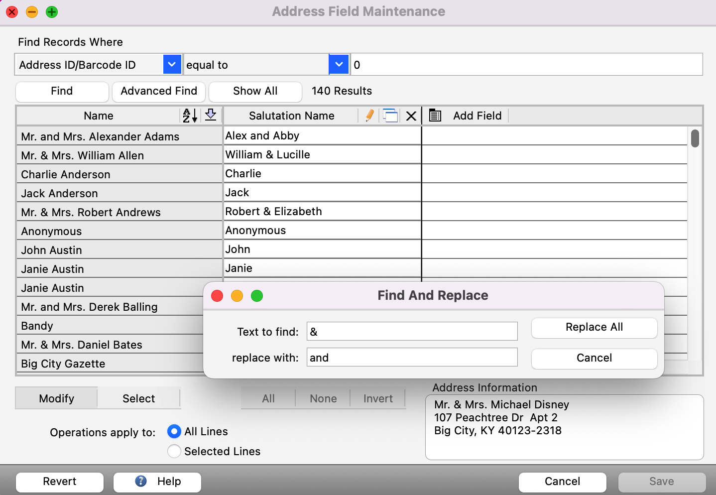 Address Field Maintenance window with the Find and Replace pop-up box.