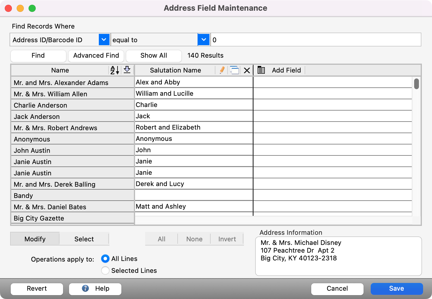 Address Field Maintenance window with the Save button in blue.
