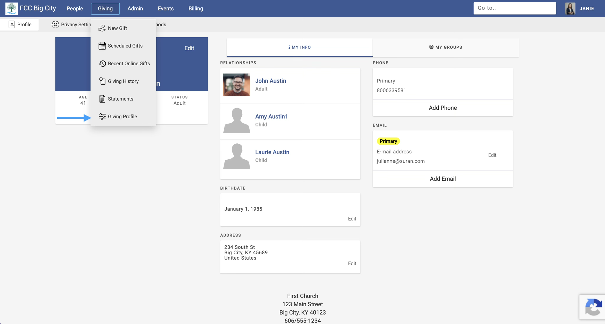 Home page of Engage with an arrow pointing to the Giving Profile option under the Giving menu.