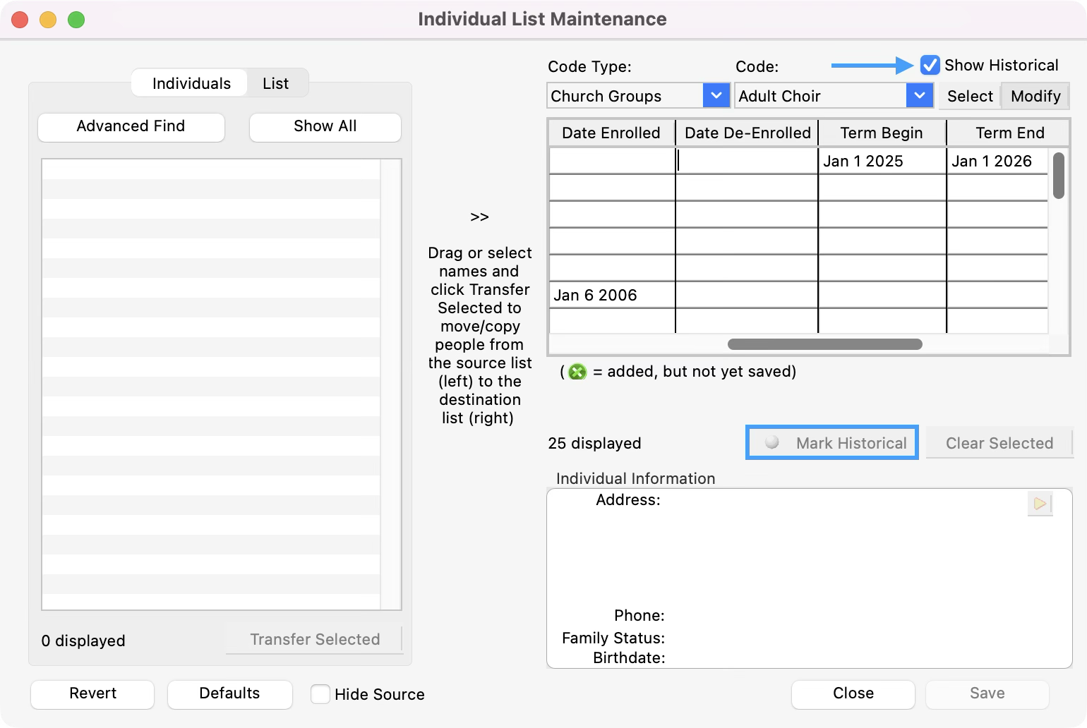 Individual List Maintenance window with an arrow pointing to the Show Historical box and the Mark Historical button highlighted.