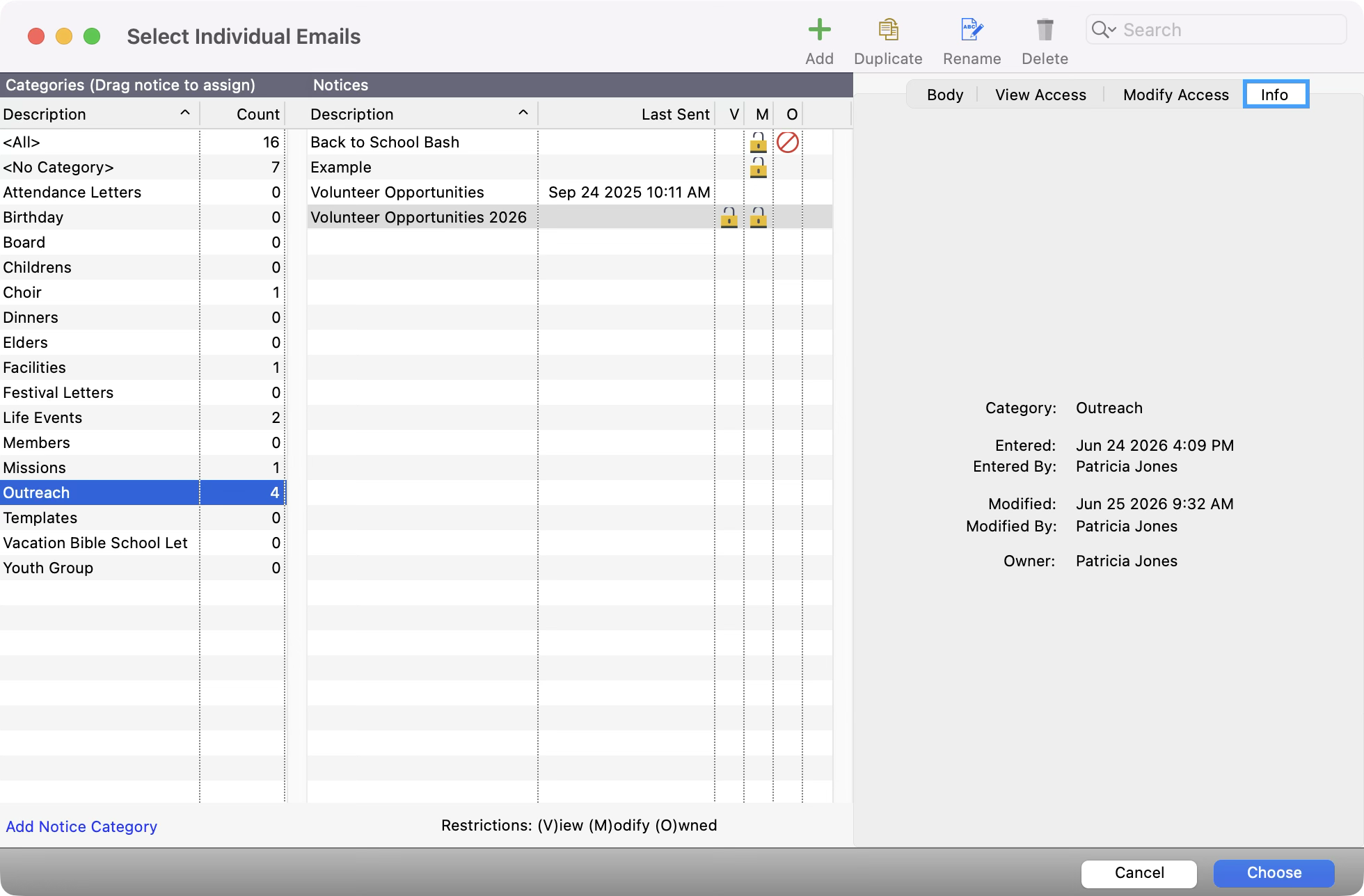 The Select Individual Emails window with the Info tab highlighted. 