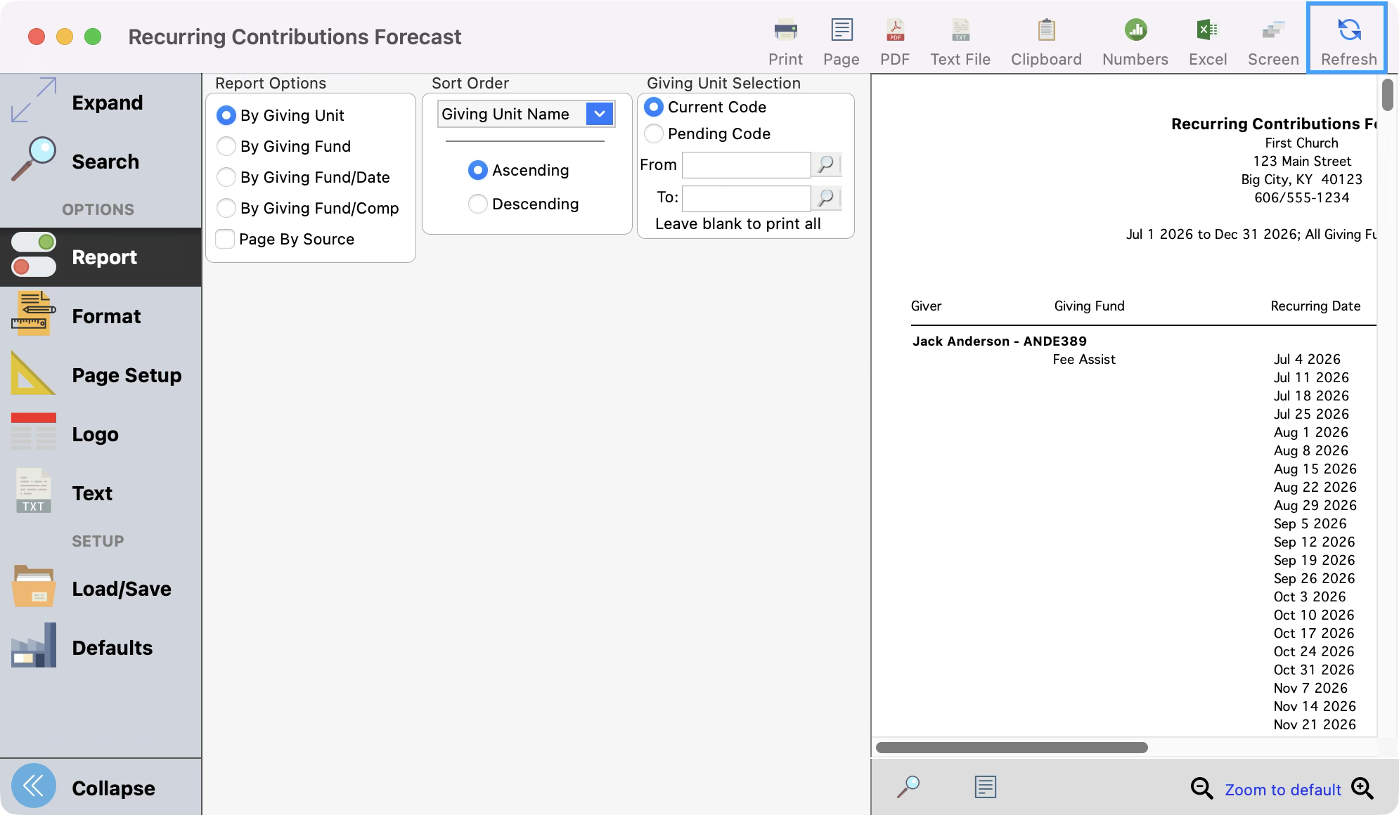 Recurring Contribution Forecast report with the Refresh button highlighted. 