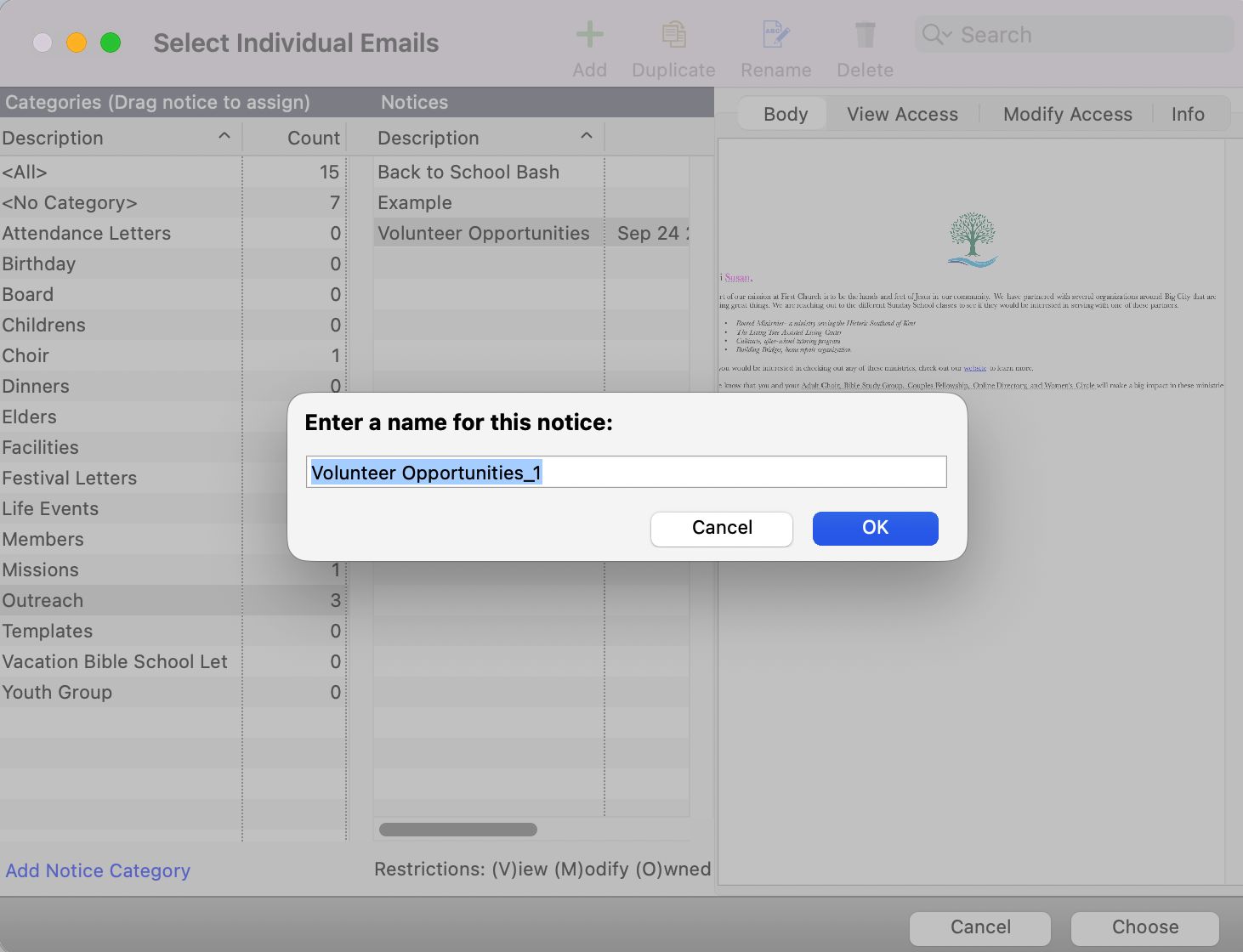 Select Individual Emails window with the pop-up box where you an enter a name of the notice.