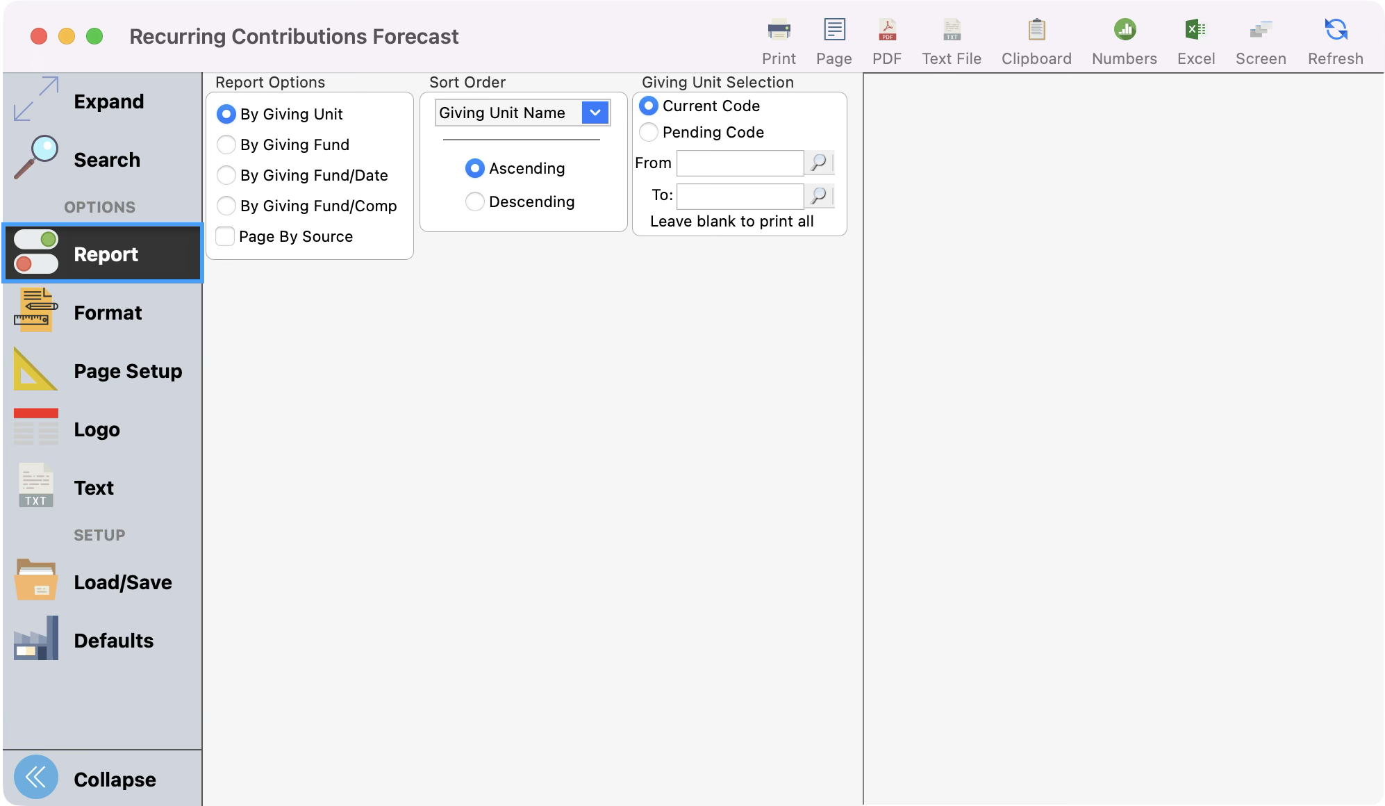 Recurring Contribution Forecast window with the Report menu highlighted on the left sidebar.