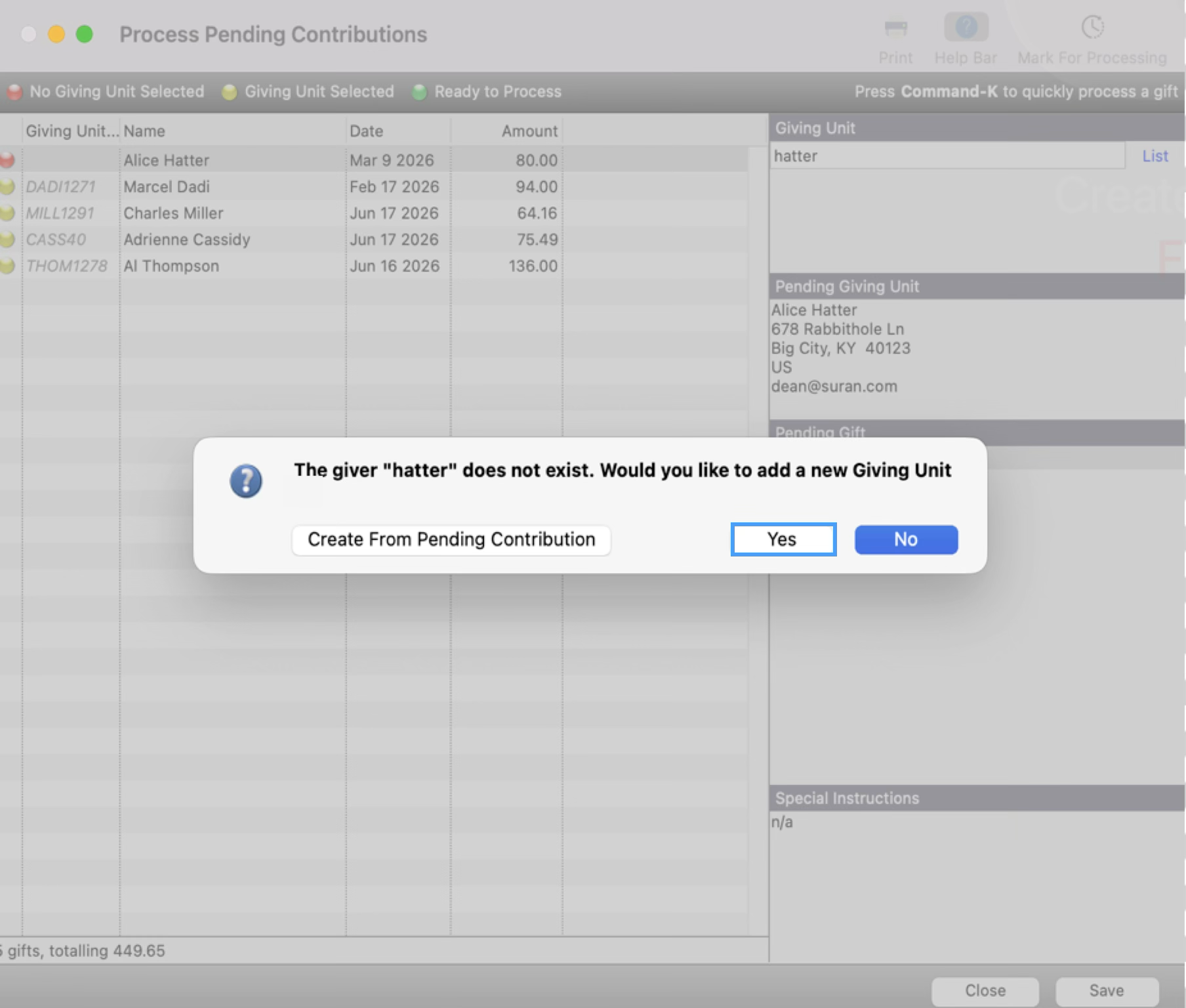 Process Pending Contribution window with a pop-up asking if you want to create a new Giving Unit record with Yes highlighted.