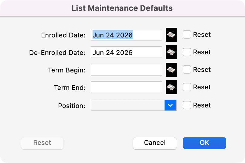 List Maintenance Defaults window. 