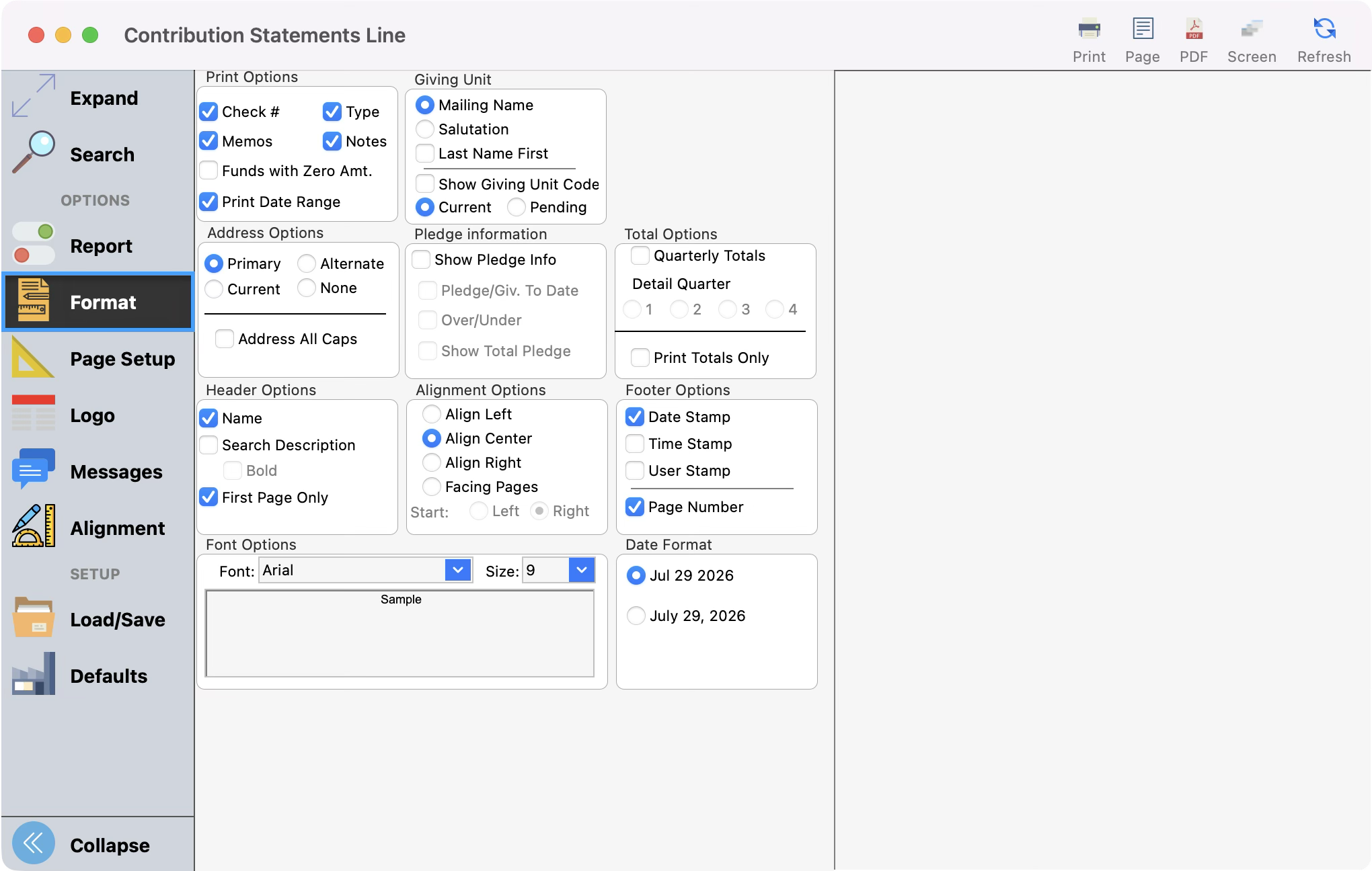 Contribution Statement Line window with format highlighted in the left sidebar. 