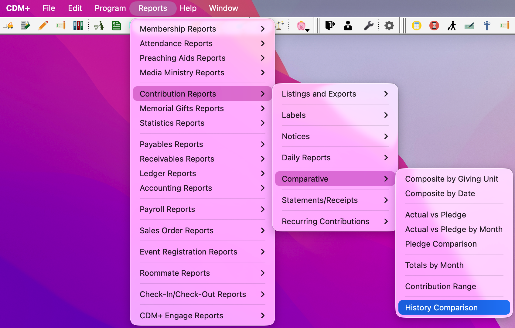 Navigation to History Comparison reports.