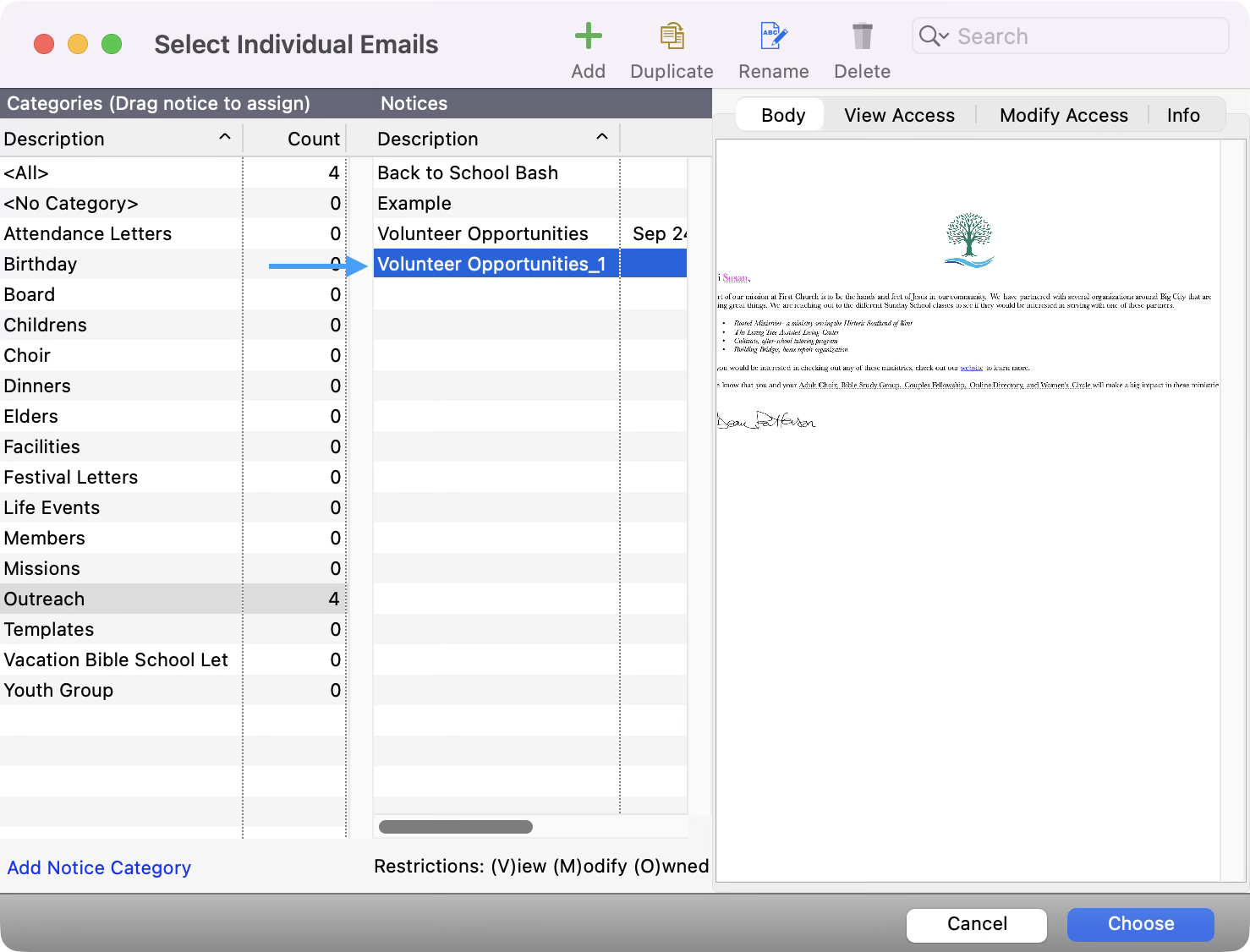 The Select Individual Emails window with an arrow pointing to the selected notice. Choose is highlighted in the bottom right-hand corner.