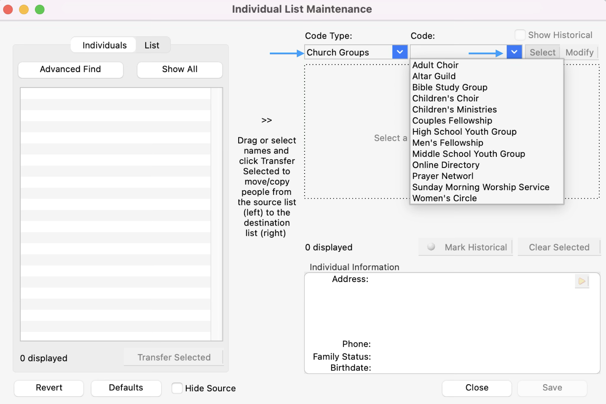 Individual List Maintenance window with an arrow pointing to the Code Type and Code drop-list. 