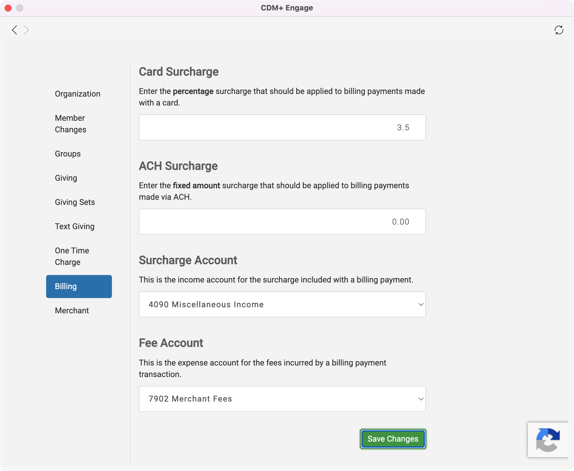 CDM plus Engage Settings window with the Billing menu highlighted. 