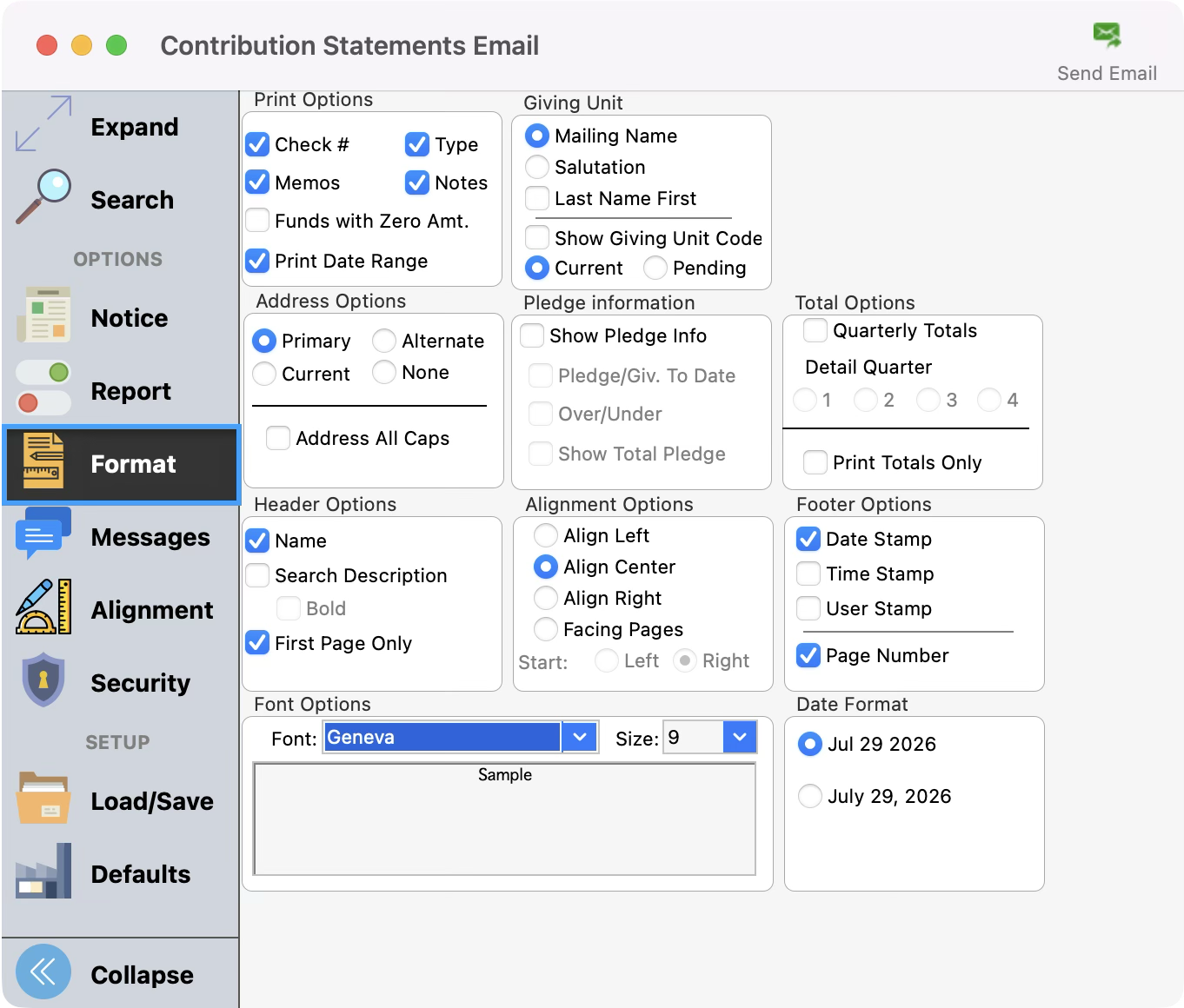 Contribution Statements Email with the format menu highlighted. 