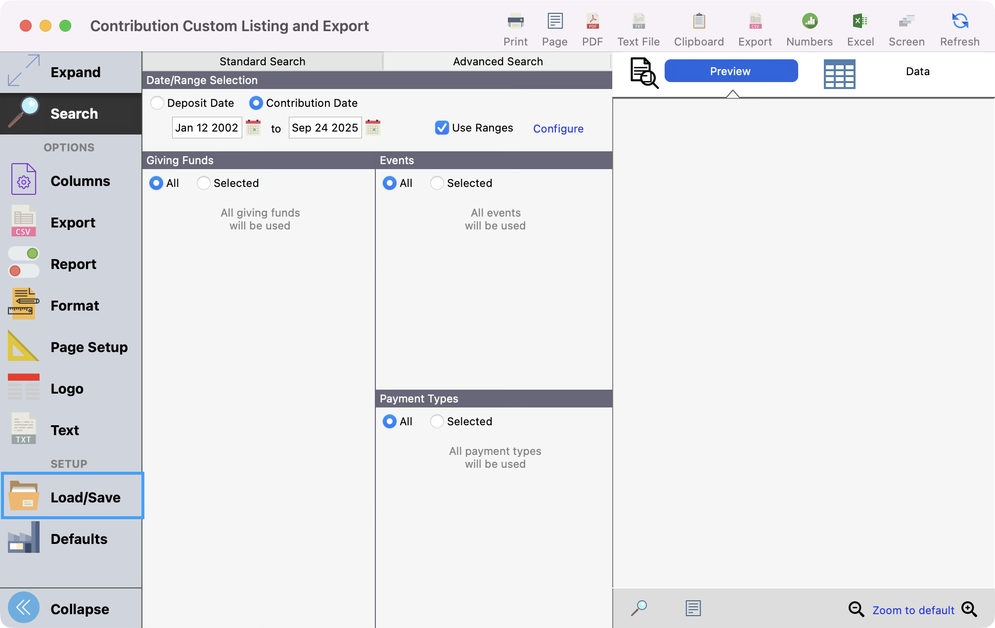 Custom Listing and Export window with Load-Save highlighted in the left sidebar.