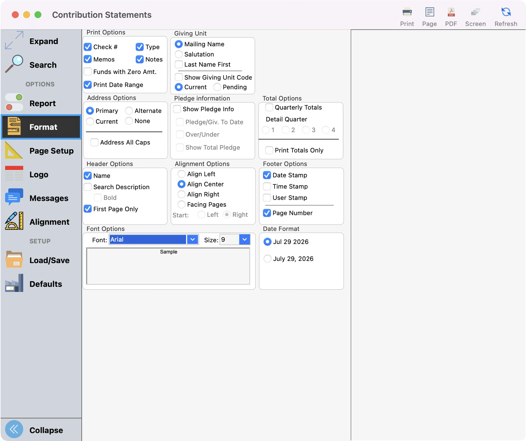 Contribution Statements window with Format highlighted in the left sidebar menu.