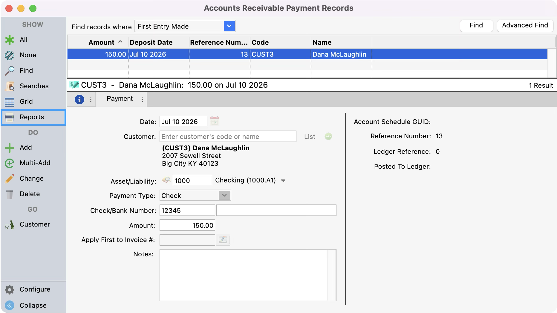 Accounts Receivable Payment Records window with Report highlighted in the left sidebar.