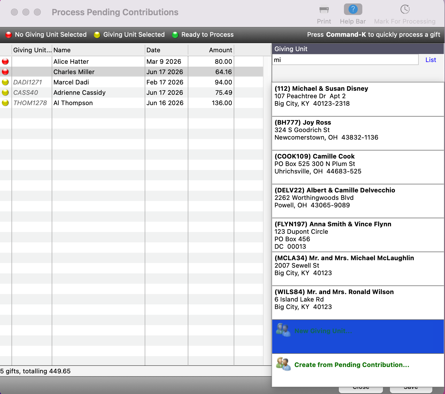 Process Pending Contribution window with the New Giving Unit button highlighted. 