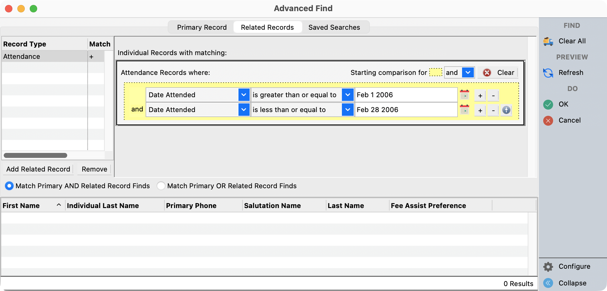 Advanced Find Window with Related Records displayed.