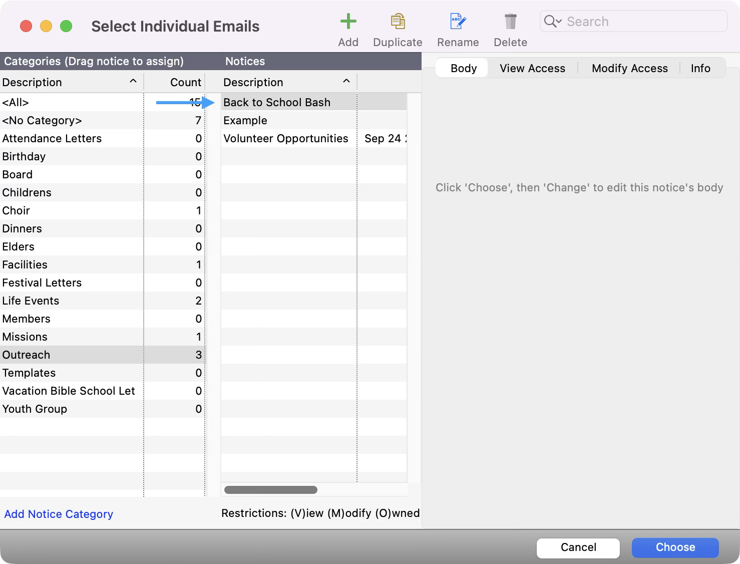 The Select Individual Emails window with an arrow pointing to the selected notice. Choose is highlighted in the bottom right-hand corner.