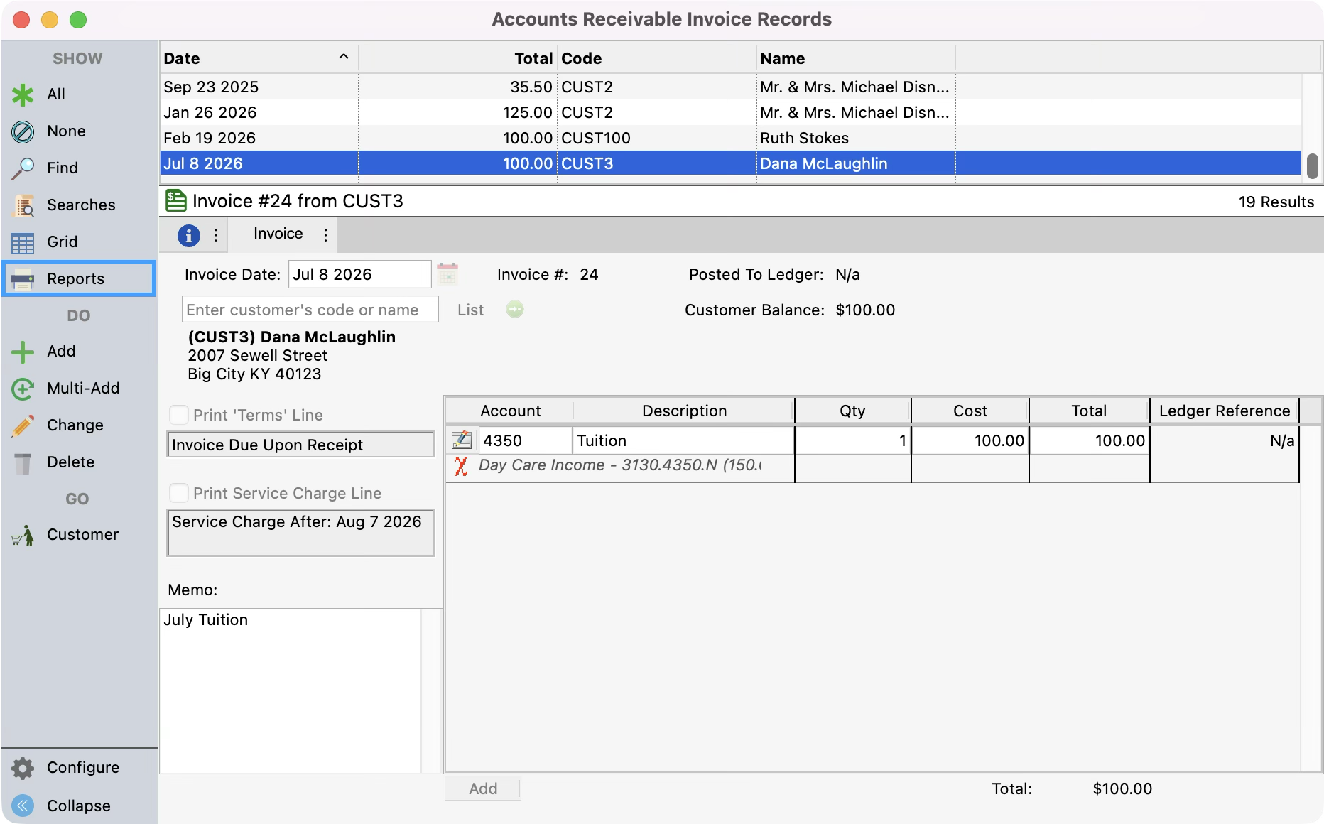Accounts Receivable Invoice Records window with Reports highlighted in the left sidebar. 