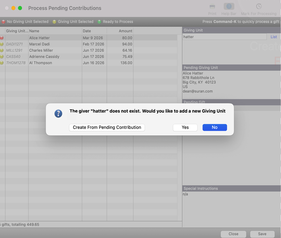 Process Pending Contribution window with a pop-up asking if you want to create a new Giving Unit record.