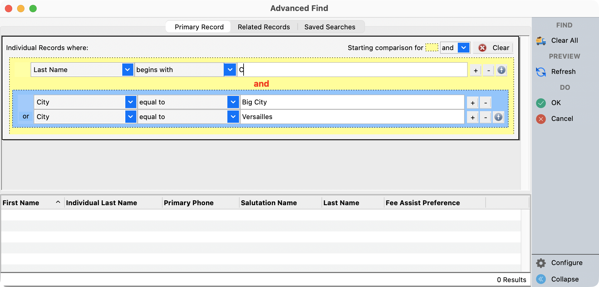 Advanced Find Window example data.
