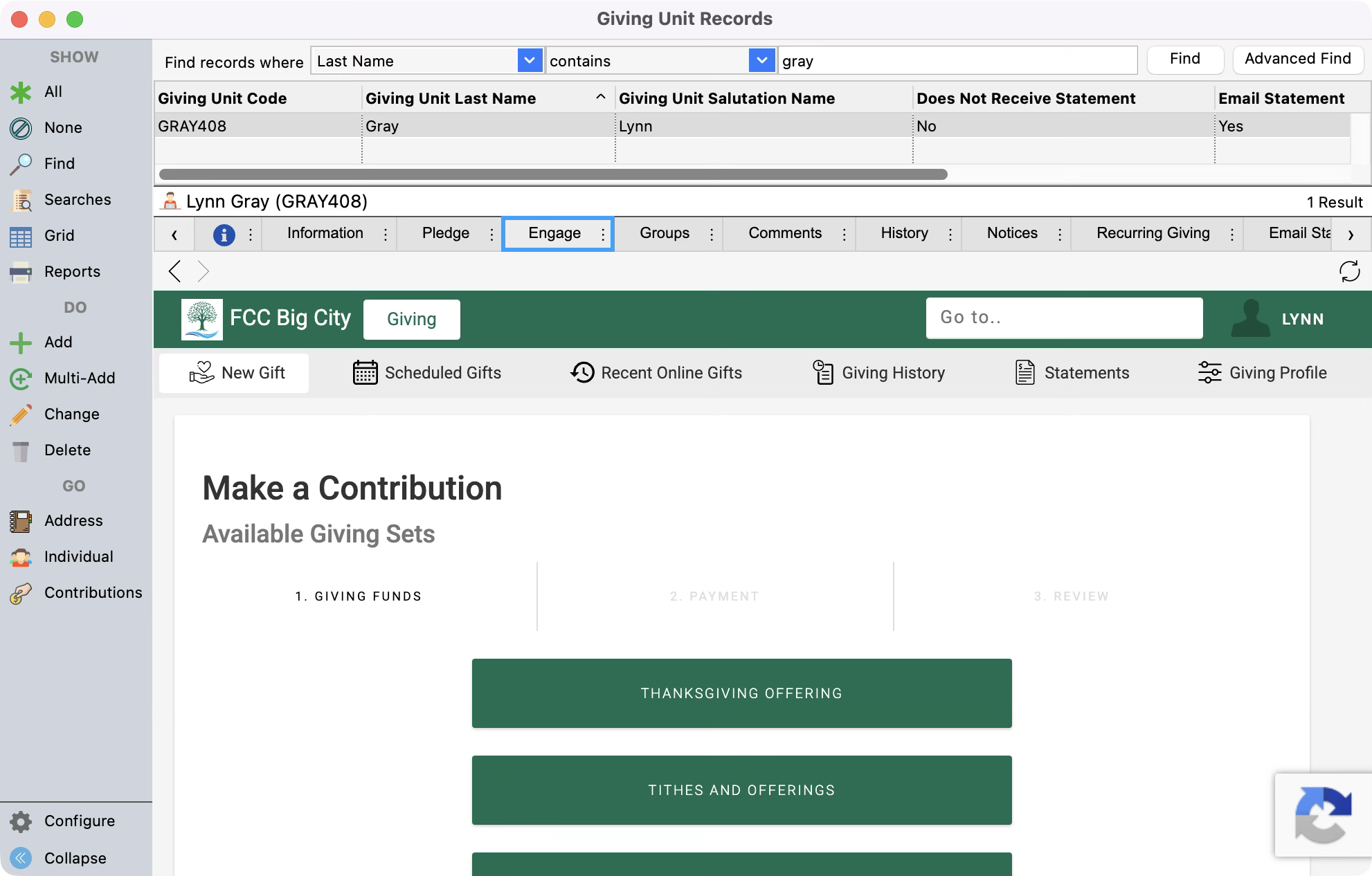 Giving Unit Records window with a giver selected and the Engage tab highlighted. 