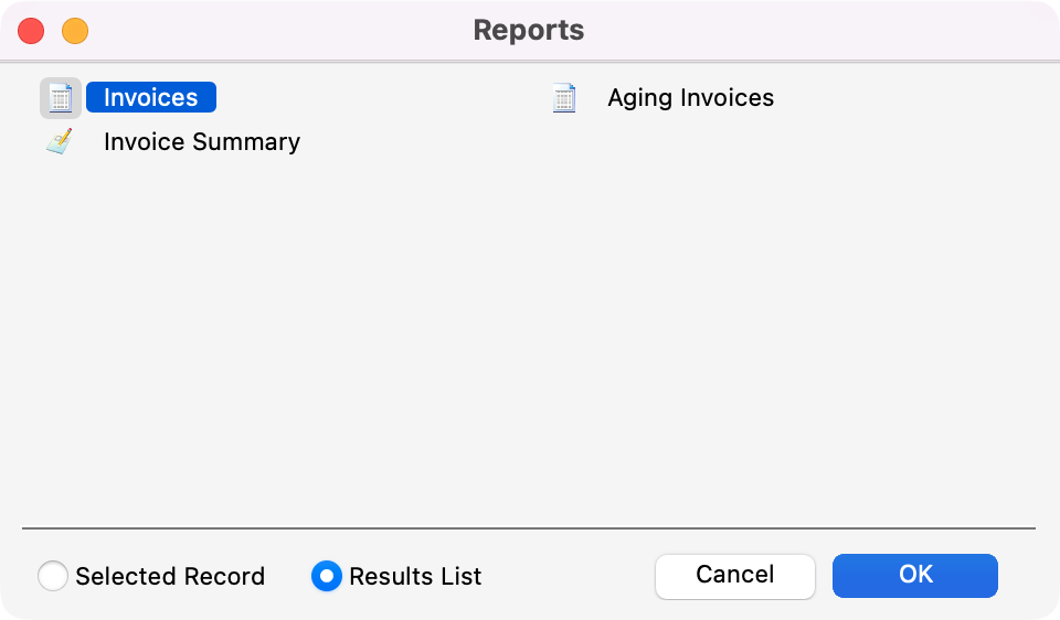 Reports pop-up window. 