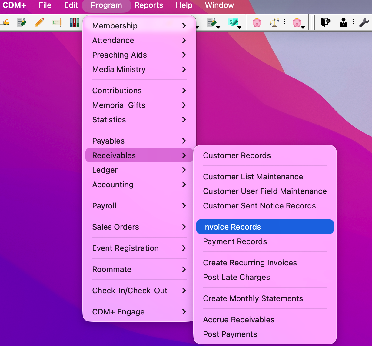 Navigation to Invoice Records. 