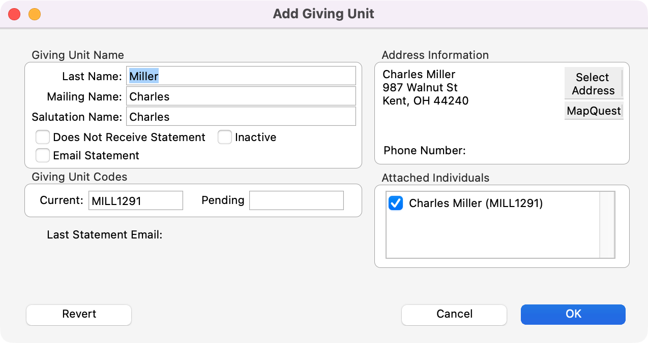 Add Giving Unit window.