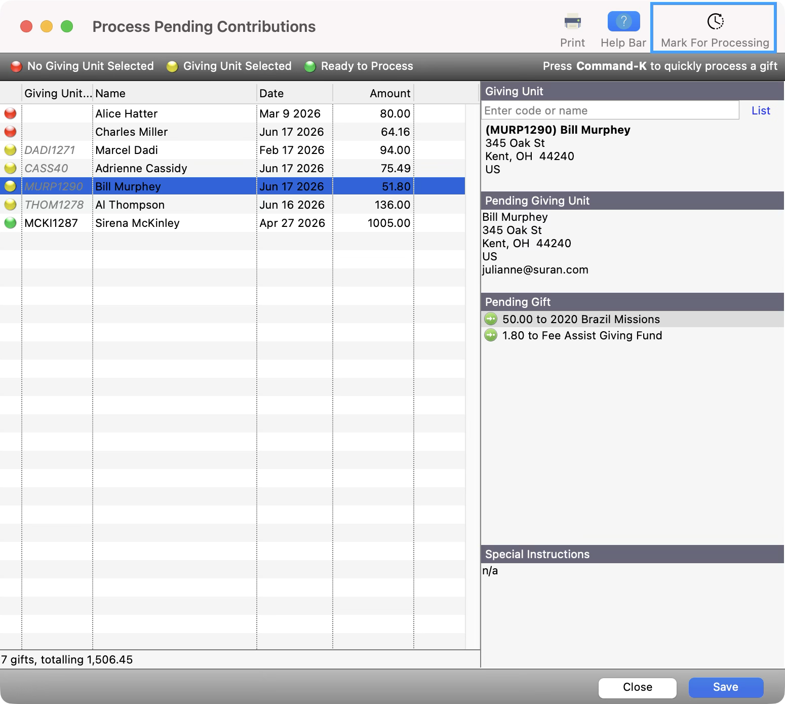 Processing Pending Contributions window with a contribution selected and the Mark for Processing button highlighted.