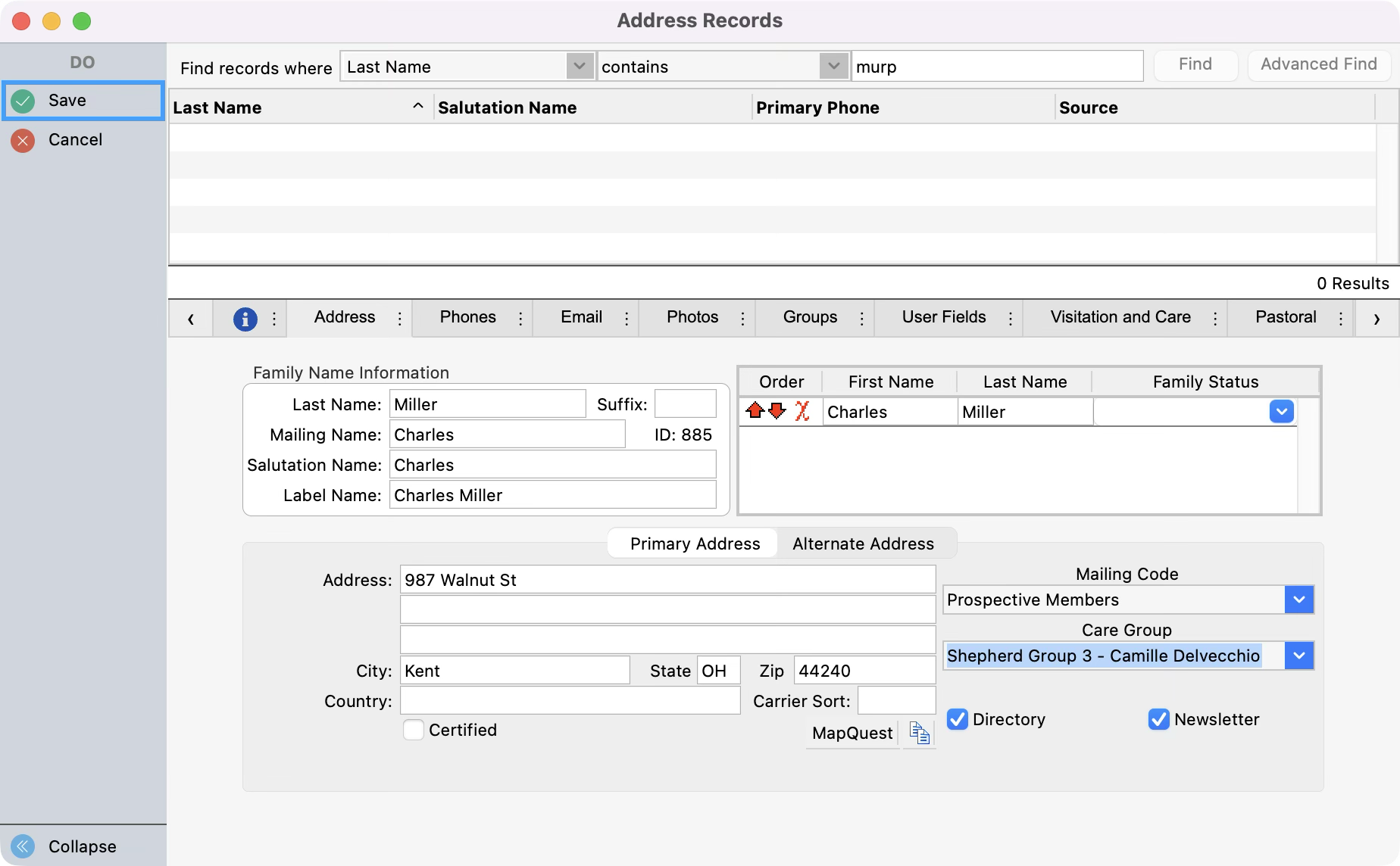 Address record window with the Save button highlighted in the upper left sidebar.