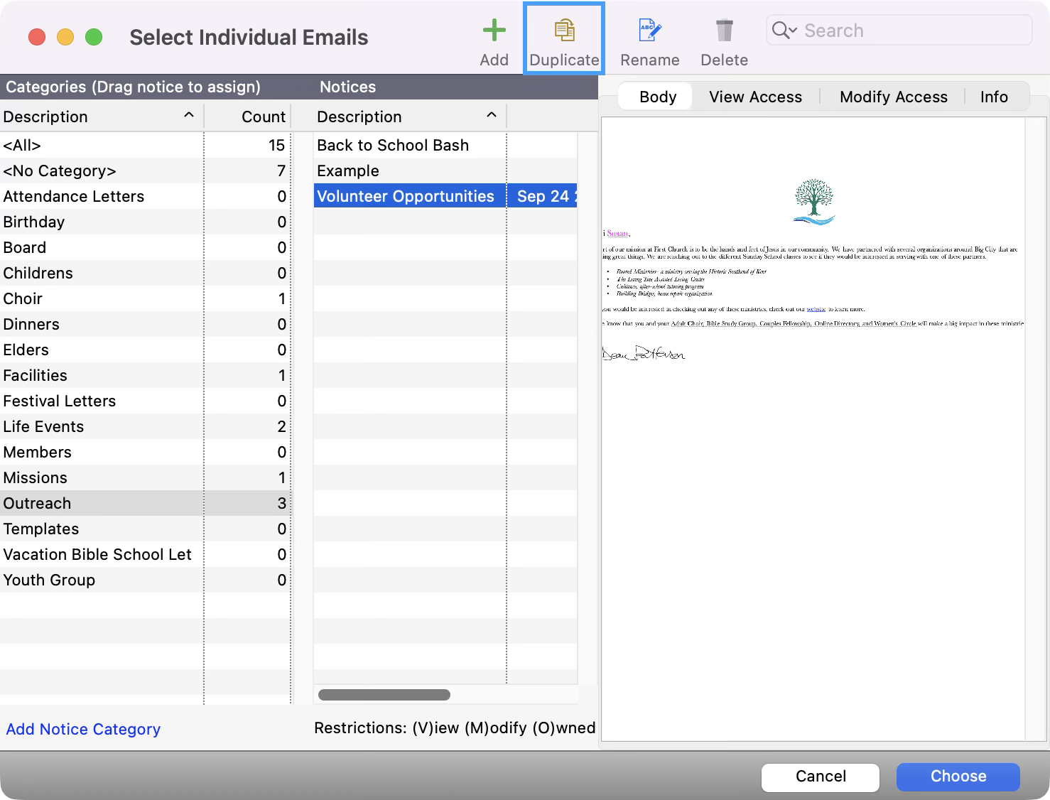 Select Individual Emails with a notice selected and the duplicate button highlighted.