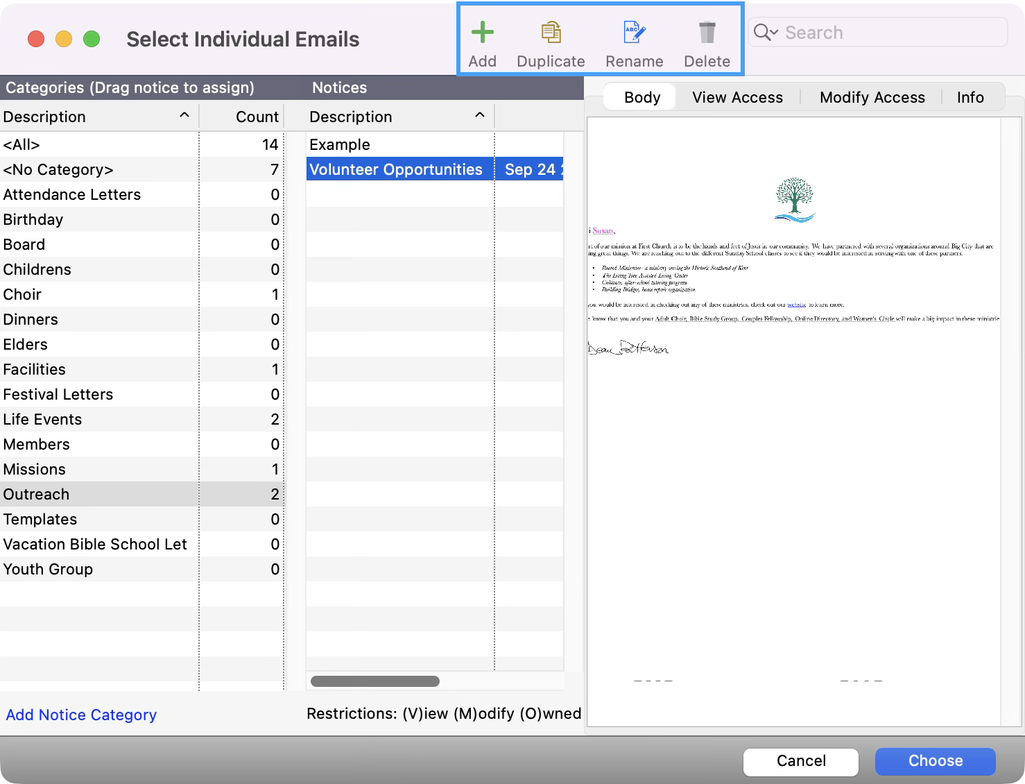 Select Individual Emails with the Add, Duplicate, Rename, and Delete buttons highlighted.