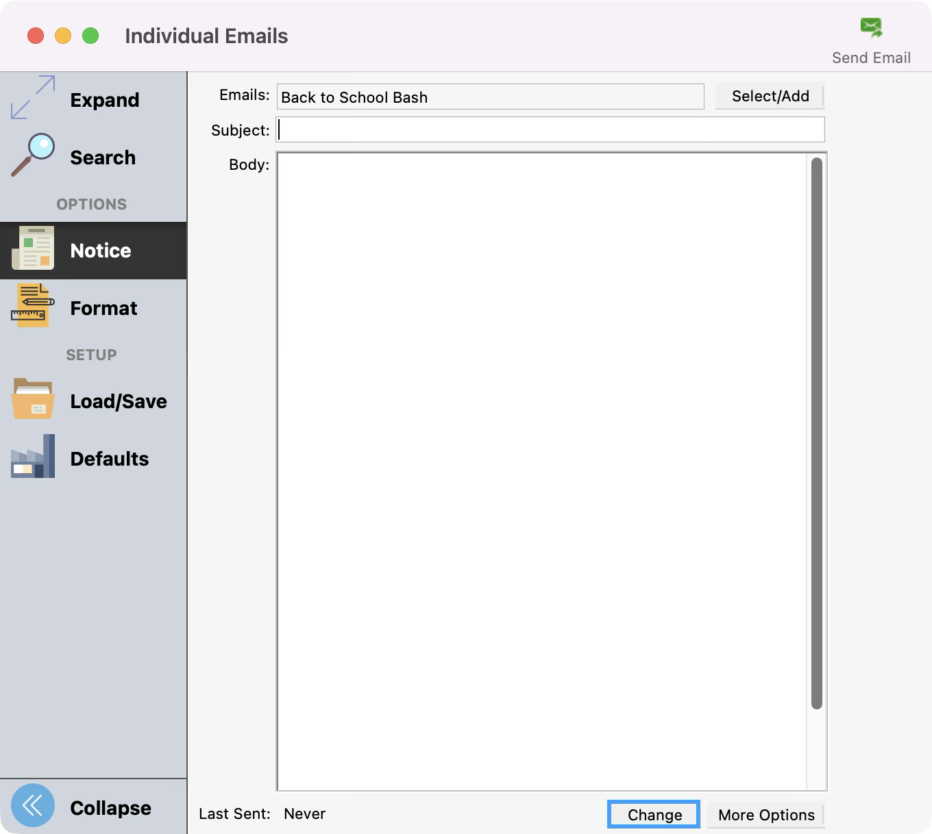 Individual Emails window with the Change button highlighted in the bottom right-hand corner.