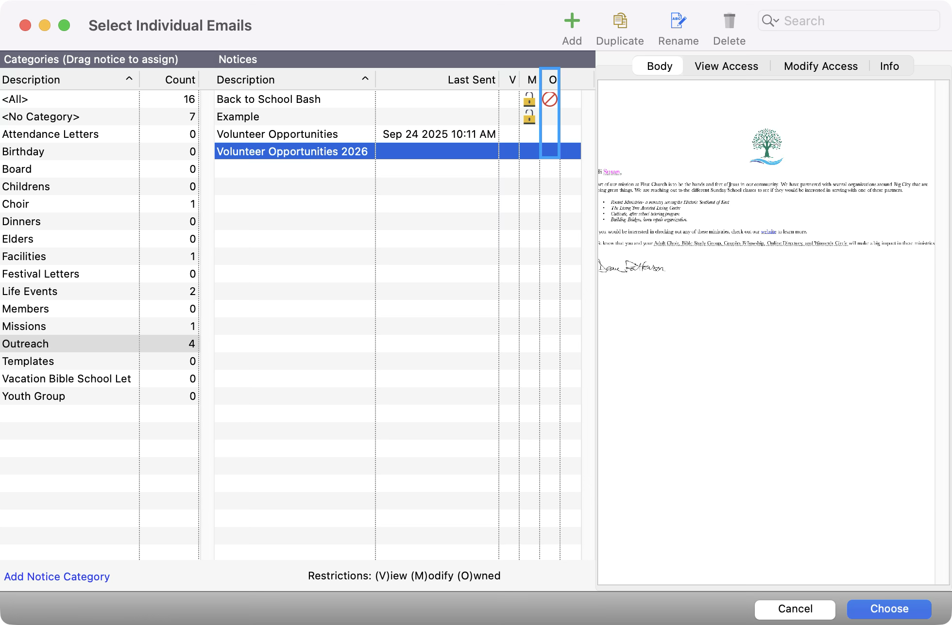 Select Individual Emails window with the ownership column highlighted. 
