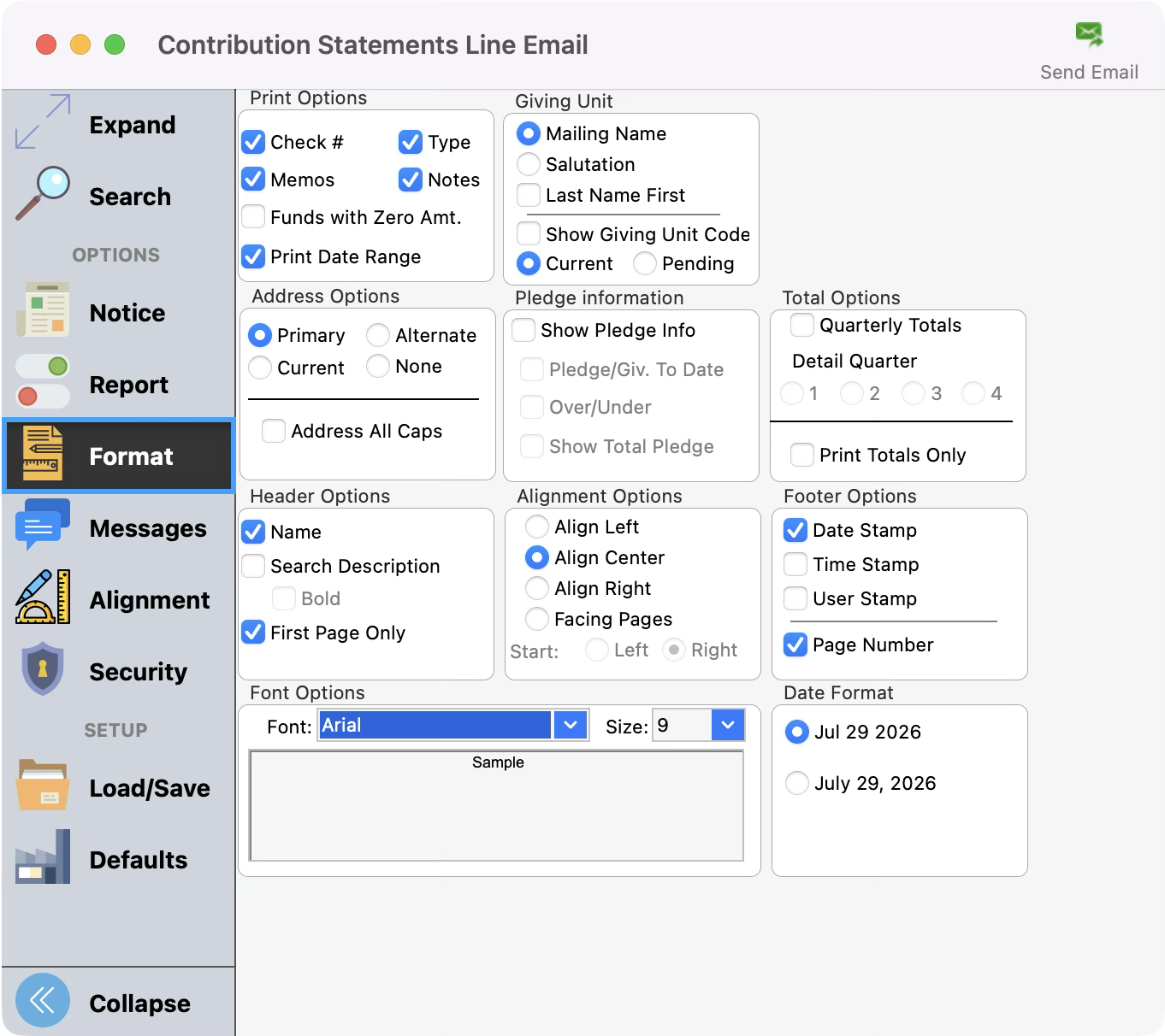 Contribution Statement Line Email window with the format menu highlighted. 